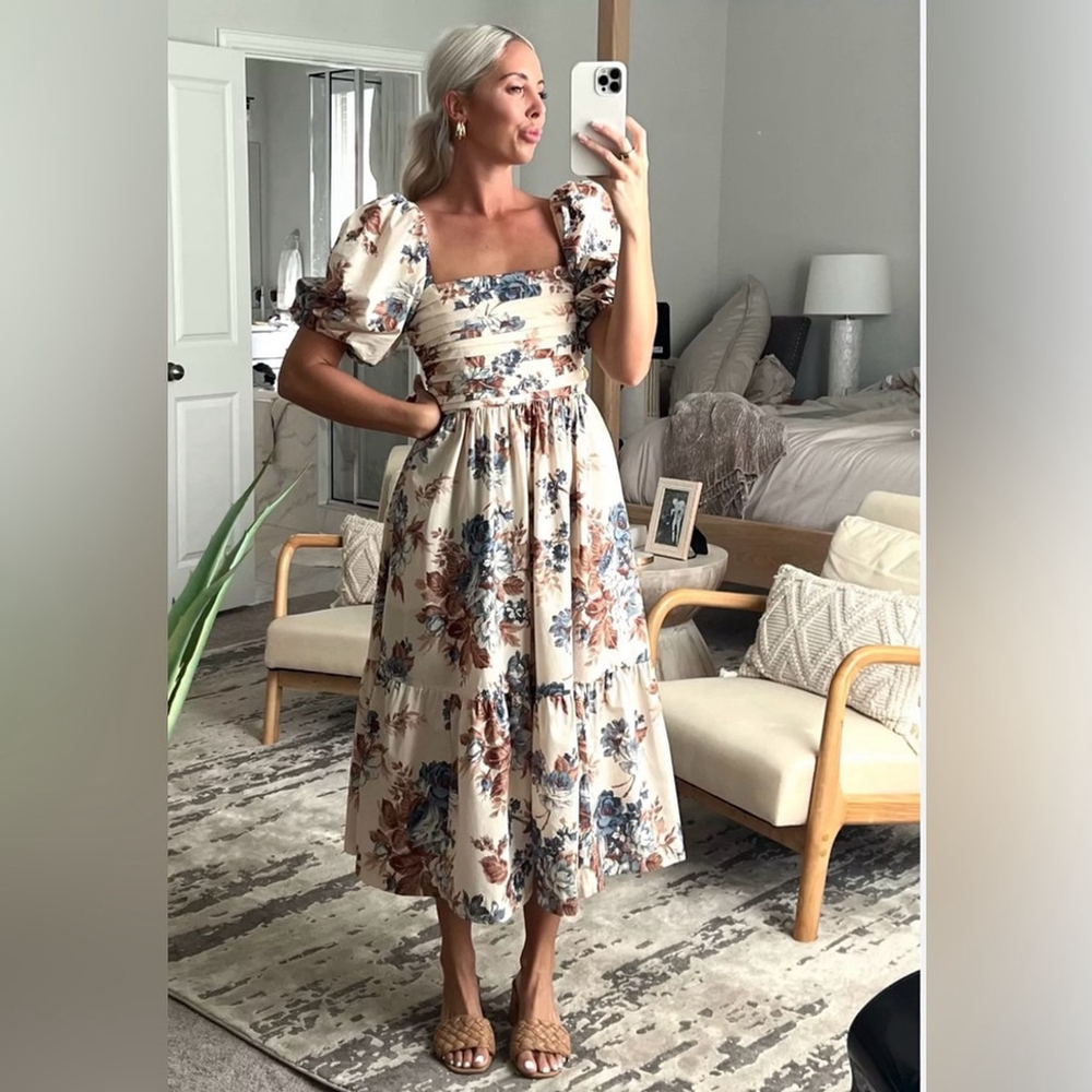 Abercrombie & Fitch The Emerson Poplin Puff Sleeve Midi Dress — Smocked Back m - Picture 3 of 14
